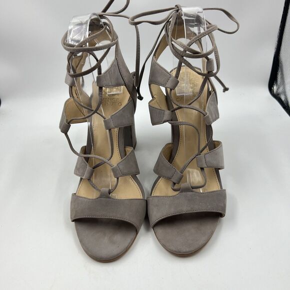 Vince Camuto Winola Heels Sz 8.5 Tan Taupe Suede Leather Strappy Ankle Lace Up - Picture 4 of 8